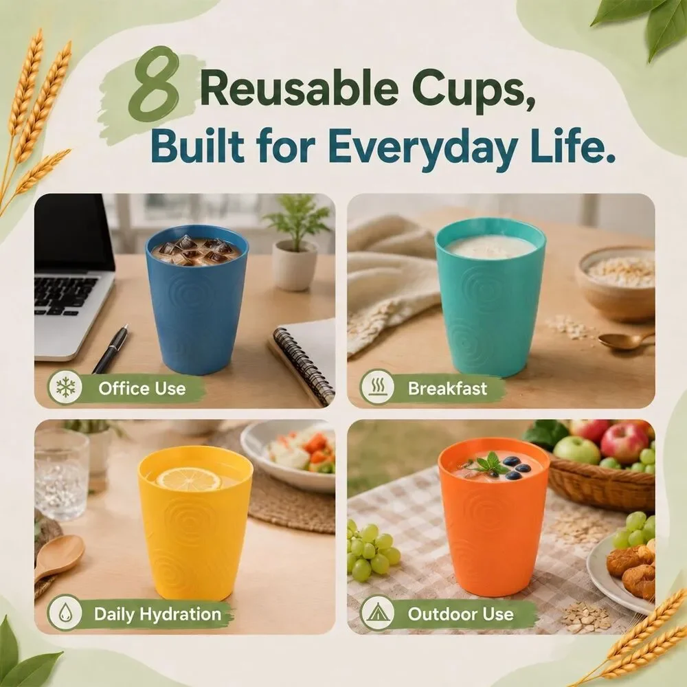 16oz Wheat Straw Cups Set of 8 Reusable Unbreakable Dishwasher Safe Multicolor